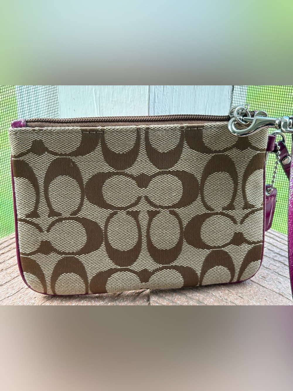 Coach Taupe Signature Canvas Wristlet with Plum Center Stripe - Picture 2 of 5
